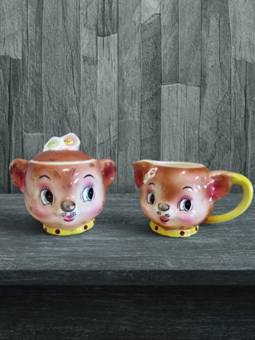 VINTAGE ENESCO LIL BEAR ANTHROPOMORPHIC Cream & Sugar WITH LID 1950S JAPAN